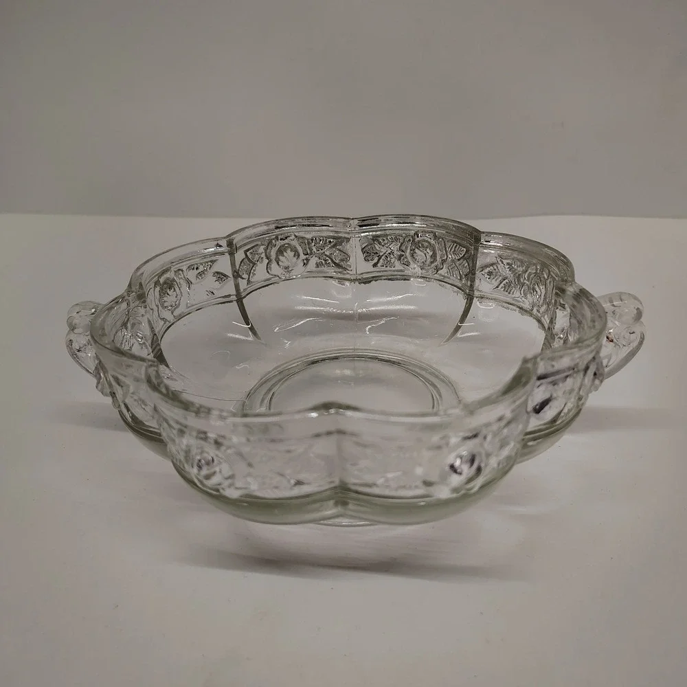 Jeannette Aztec Rose Glass Dish 6in Two Handle Clear Relish Bowl Vintage